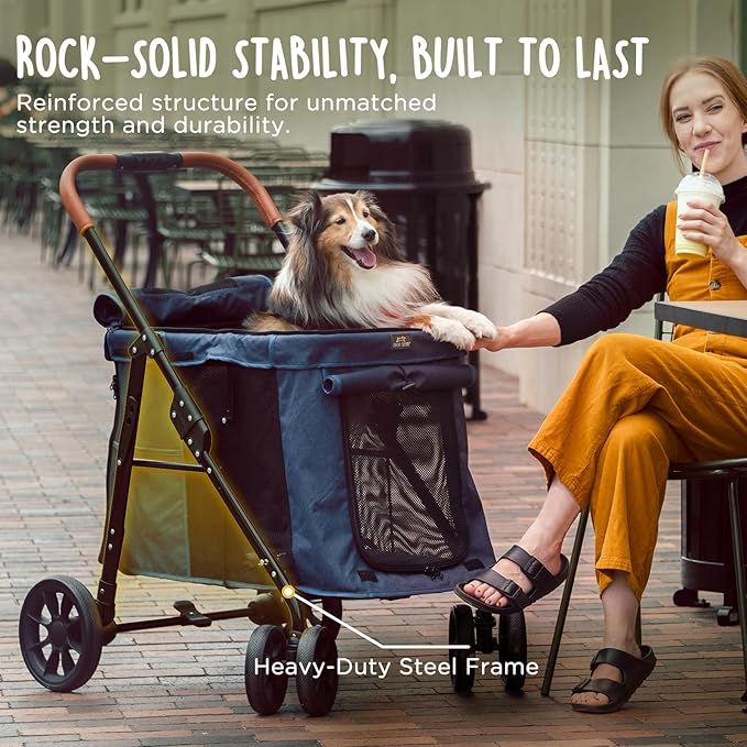 CANINE CANYON Scout Pet Stroller, Heavy Duty Dog Stroller for Large/Medium Dogs, Foldable Pet Stroller for 2 Small Dogs with All-Terrain Wheels, Storage Pocket & Cup Holder, 55 lbs Capacity, Navy Blue