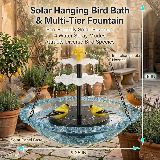Solar Cascade Hanging Bird Bath Fountain, Solar Fountain Pump with 8 Nozzles, Hanging Bird Bath with Water for Outdoors Garden Patio Backyard Lawn Decor (Pink)