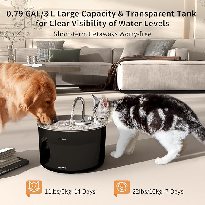 Vividorama Cat Water Fountain Stainless Steel Lid, Corded 3L/101oz Pet Water Fountain, Dog Waterer with Quiet Pump and 4-Layer Filtration for Cats and Dogs