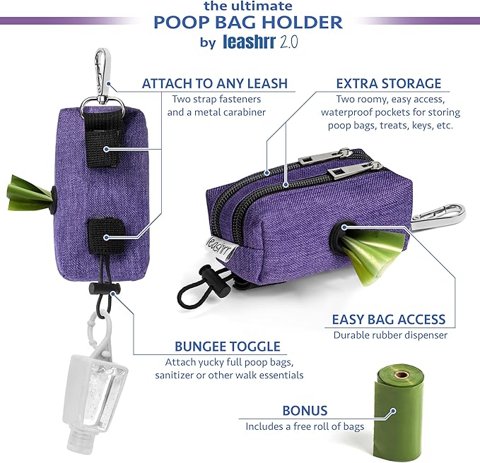 Dog Poop Bag Holder for Leashes - Dog Poop Bag Dispenser and Treat Holder with 2 Waterproof Pouches for Pet Waste Bags and Walking Accessories + 1 Free Roll - Leashrr 2.0 (Color)