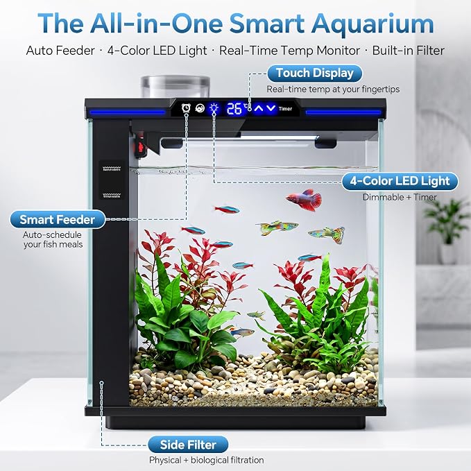 AQQA 7.88 Gallon Aquarium Starter Kit, Glass Fish Tank 3-Stage Filtration | Real-Time Temp Monitor, 4-Color Timed LED Light, Quiet Pump, Self Cleaning Desktop Tank for Betta Shrimp, Black