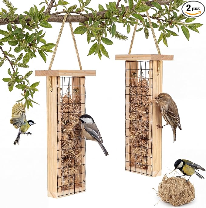 Menkxi 2 Pcs Bird Nesting Material, Hummingbird Nest Gift Enjoy Birds Gardening Outside Cute Decor Refillable Nesting Gift for Bird Lovers, Spring Garden Decoration Gifts (Grid Style)