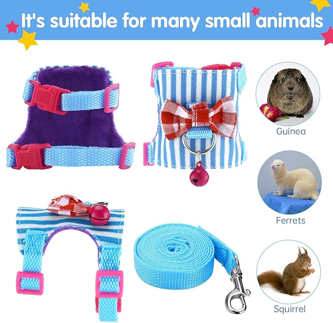2 Pieces Hamster Harness and Leash Set for Walking, Small Guinea Pig Clothes with Bowknot Bell, No Pulling Comfort Padded Vest Striped for Guinea Pig Hamster Ferret, Small Animals (Blue, Black,M)