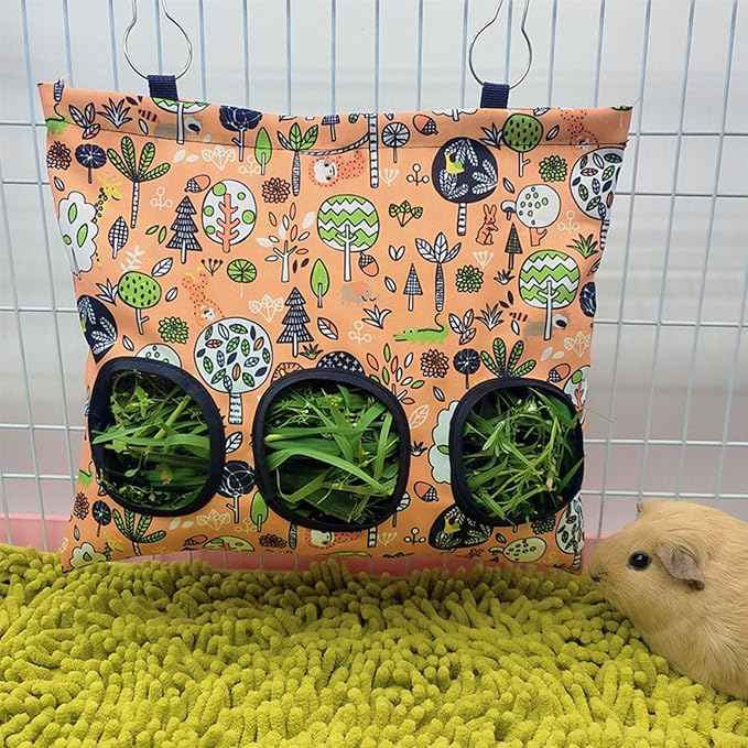 Rabbit Hay Feeder Bag, Guinea Pig Hay Feeder for Cage Small Animal Hanging Feeding Bags Rabbit Hay Dispenser Storage for Rabbits Guinea Pigs Bunnies Chinchillas (Orange,Light Blue, 3 Hole)