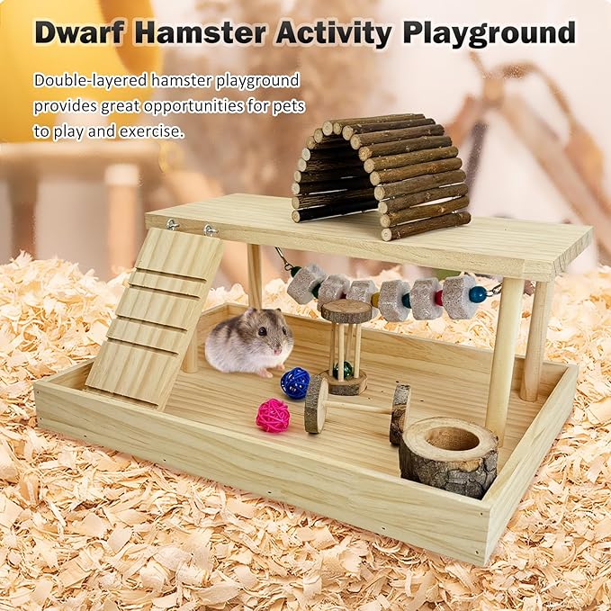Hamiledyi Dwarf Hamster Activity Playground Mice Living Gym System Set Natural Wood Gerbil Climbing Platform Syrian Exercise Cage Accessories with Lava Stone String Chewing Toy Ladder Bridge Ramp