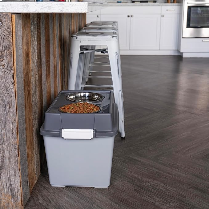 IRIS USA Dog Bowls Elevated with Storage, 15" H Raised Feeding Station, Dog Bowl Stand with Airtight Food Storage Holds 47 lbs, 2 Removable 64 oz Stainless Steel Bowls for Large Dogs, Gray/Dark Gray