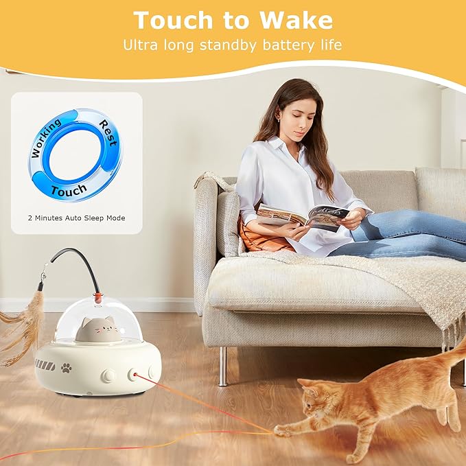 hooroor 2-in-1 UFO Laser Cat Toy with Feather, Automatic Motion Smart Sensor Interactive Toy for Indoor Cats&Small Dogs, Rechargeable Obstacle-Avoidance Exercise Toy, Self-Play Pet Gift White Updated