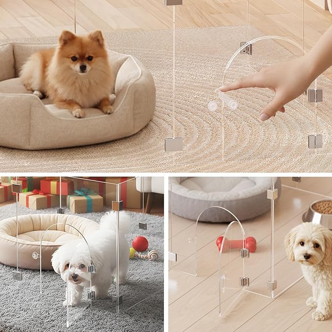 Clear Acrylic Pet Playpen with Door, 8 Panels 23.6 Inches High, Indoor Pet Fence & Crate for Puppies Small Dogs and Cats, with Metal Connectors, Easy to Assemble, Free Combination of Multiple Styles