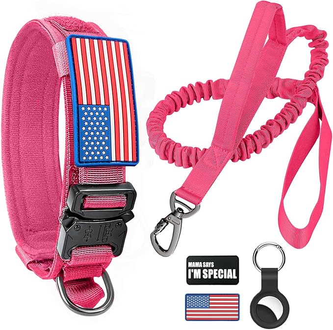 Tactical Dog Collar and Bungee Leash Set, Adjustable Military Training Nylon Dog Collar with Controll Handle and Heavy Metal Buckle，with USA American Flag, Patches and Airtags Case(Pink, L)
