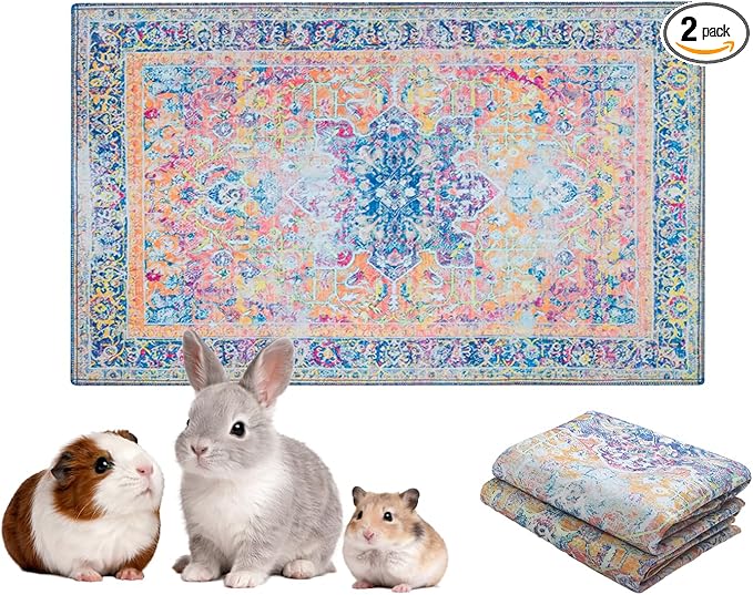 Lovewag Pets Reusable 2-Pack Small Animal Pet Bedding Mats - 16" x 24" Hamster Bedding - Machine Washable Guinea Pig Cage Liners - Guinea Pigs,Rabbits & Ferrets Waterproof Pee Pad (Marmalade Sunshine)