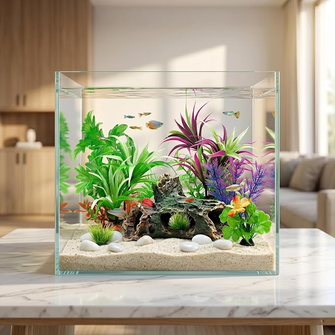 Fish Tank Decorations Artificial Small Resin Hideout Cave Plants | Resin hideout cave for fish tank decor, 6pcs aquarium decoration with lifelike plants, reduce stress for small tropical fish