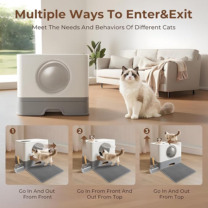 XXXL Stainless Steel Litter Box with Lid, Front Entry Top Exit, Extra Large Metal Cat Litter Box with Drawer, Maine Coon Cats, with Litter Scoop & Litter Mat, Anti-Odor, Anti-Leakage & Non-Stick