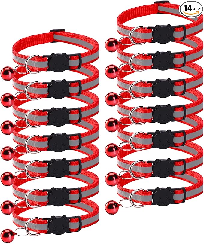 14 Pack Breakaway Cat Collar with Bell, Reflective Kitten Collar for Girl Boy Cats, Safety Buckle Adjustable 7.5-12.5 Inch, 0.4 Inch Width Lightweight, Pet Gifts (Red)