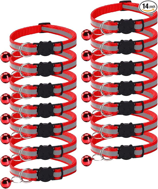 14 Pack Breakaway Cat Collar with Bell, Reflective Kitten Collar for Girl Boy Cats, Safety Buckle Adjustable 7.5-12.5 Inch, 0.4 Inch Width Lightweight, Pet Gifts (Red)