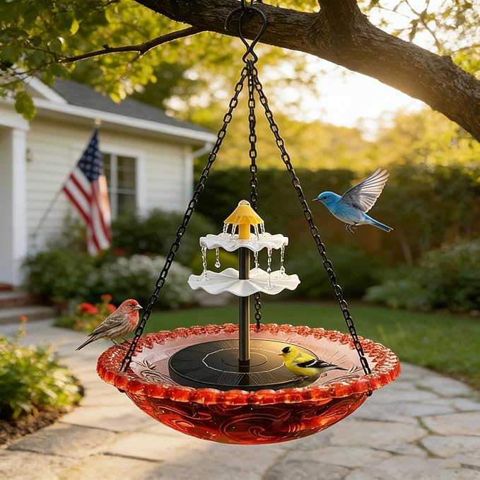 Solar Cascade Hanging Bird Bath Fountain, Solar Fountain Pump with 8 Nozzles, Hanging Bird Bath with Water for Outdoors Garden Patio Backyard Lawn Decor (Red)