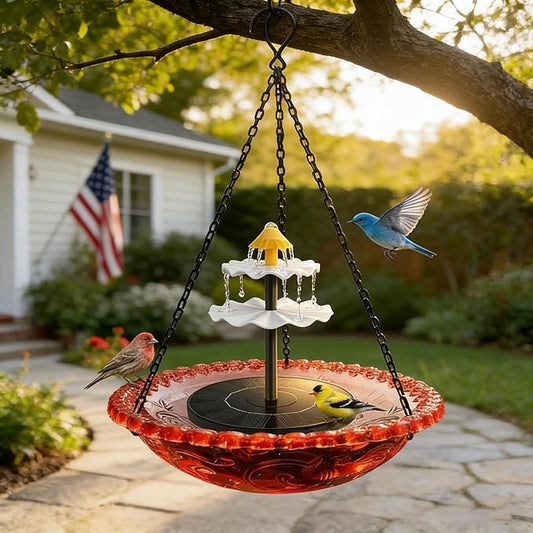 Solar Cascade Hanging Bird Bath Fountain, Solar Fountain Pump with 8 Nozzles, Hanging Bird Bath with Water for Outdoors Garden Patio Backyard Lawn Decor (Red)