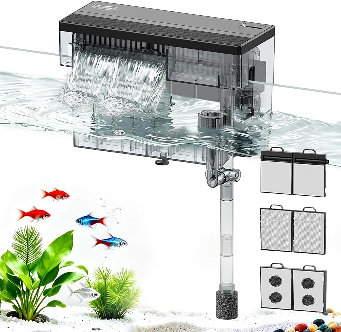 8W Aquarium Filter, 211 GPH Hang-On Waterfall Filter with Skimmer | Designed for low-noise filtration in 7-26 gal tanks, with adjustable flow, surface skimming, and reusable sponge media