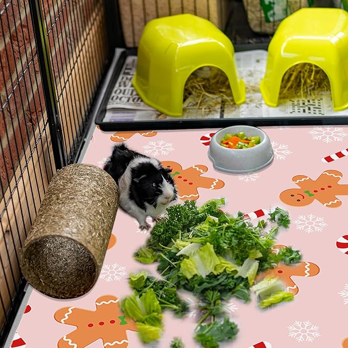 JarThenaAMCS 3 Pcs Christmas Guinea Pig Pee Pads Reusable Bunny Squirrel Mat Pink Candy Cane Gingerbread Man Washable Small Animal Cage Liner for Hamster Chinchilla Ferret Accessory, 24 x 47 in