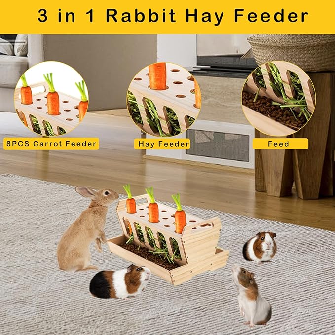 Rabbit Hay Feeder, Large Capacity Wooden Hay Feeder for Rabbits Guinea Pigs Chinchillas, Pet-self Feeding Hay Manager Alfalfa Timothy Dispenser Grass Holder Carrot Feeders for Bunny