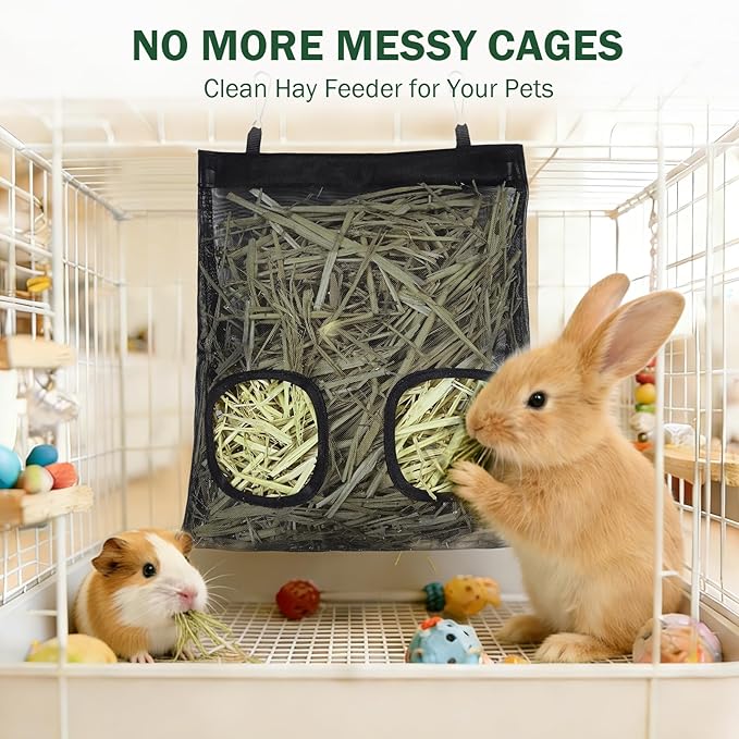 Mesh Guinea Pig Hay Feeder Bag for Guinea Pigs Rabbits Chinchillas, Hanging 2-Hole Hay Dispenser Breathable Wear-Resistant (Black)