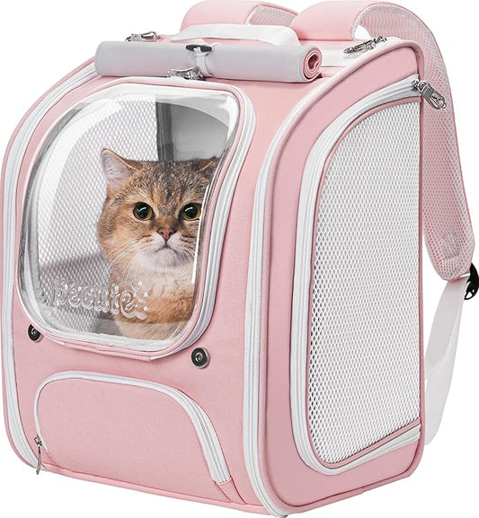 Pecute Cat Backpack Carrier, Large Space Cat Bubble Backpack, Breathable Cat Carrier, Shaded Dog Backpack Carrier, Ergonomic 3D Design for Travel, Hiking, Walk, Suitable for Shopping, Car, Vet, Pink