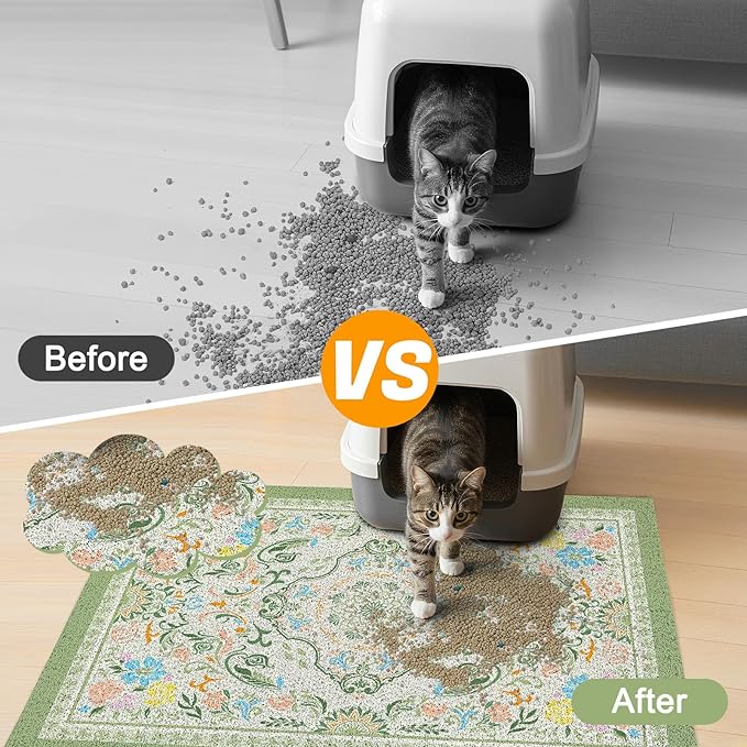 Glittme Cat Litter Mat with Non-Slip Bottom Litter Box Mat 24"X15" Litter Trapping Mat Easy to Clean Washable Cat Food Mat for Kitty,S