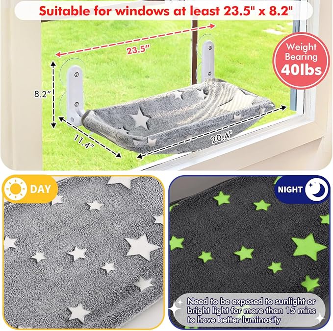 Zoratoo 2PC Cat Window Perch, Glow in The Dark Cordless Foldable Pet Hammock Bed for Window with Sturdy Metal Frame, Glowing Stars Pattern Resting Seat for Indoor Cats (2PC Stars - M)