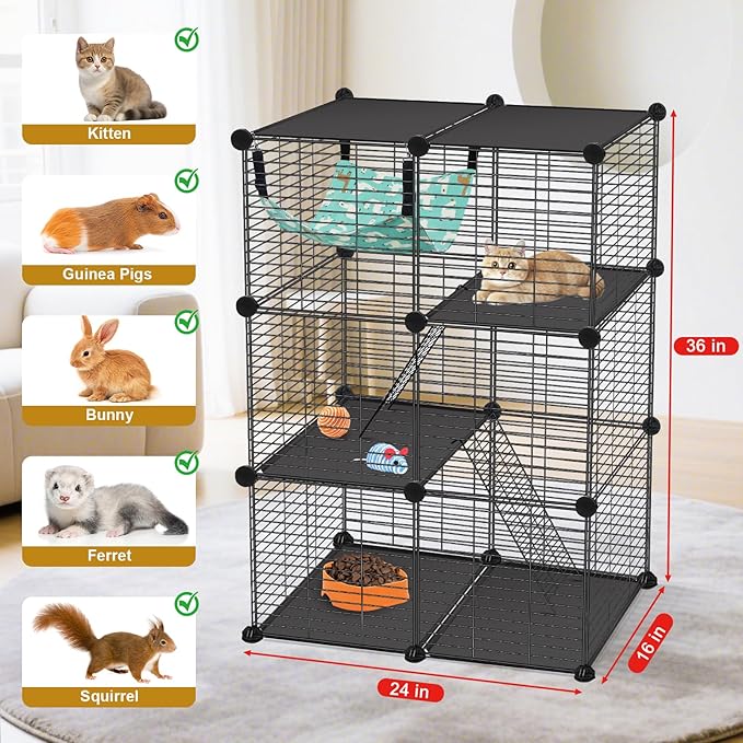 VISCOO Cat Cage, 3-Tier DIY Catio Cat Enclosures, 24" x 16" x 36" Cat Playpen Indoor & Outdoor with Hammock, Detachable Metal Wire Kennel Cats Crate, 2x1x3 Exercise Place for 1-2 Kitten