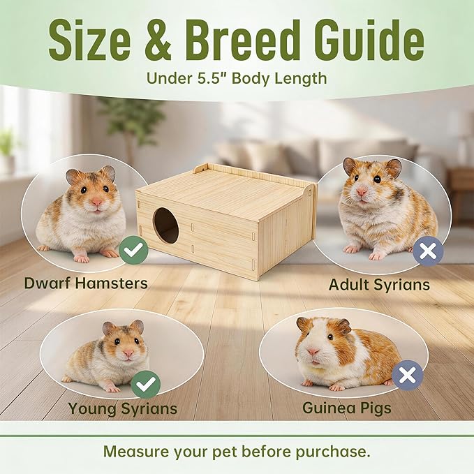 Hamster Tunnel Hideout Wooden House with Flip Cover, Small Pet Hamster Hideout Play Tunnel for Hamsters Mice Gerbils, Natural Wood Hamster House for Cage Explore Hide Rest