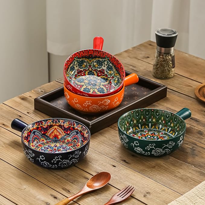 Bohemian Ceramic Soup Bowl with Handle – 23oz Spaghetti Bowl, 8.66" Length – Wide and Shallow for Soup, Colorful Floral Interior – Microwave & Dishwasher Safe Pasta Salad Dish Red