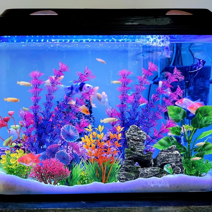 QUOZUO Fish Tank Decor Aquarium Decor, 9pcs Colorful Fish Tank Accessories Artificial Plants and Cave Rock Decor Set, Aquarium Decorations Plastic Plants