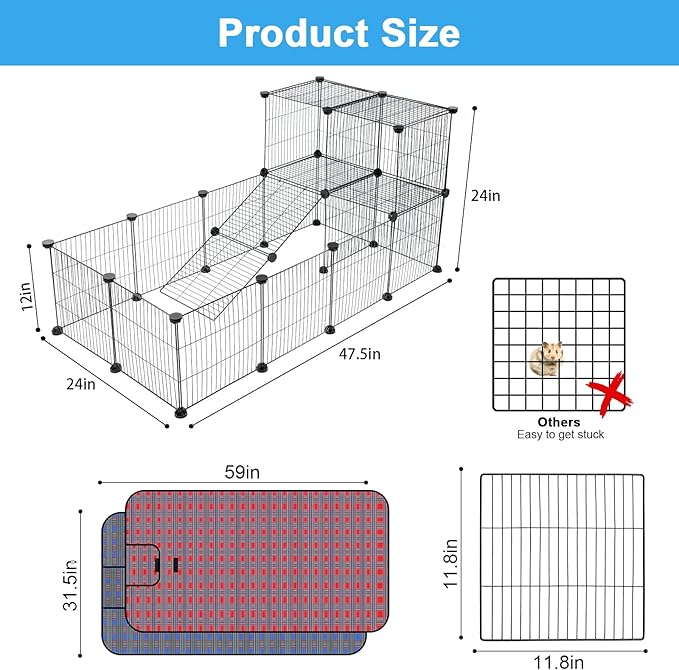 24 Panels Large Guinea Pig Loft Playpen, Indoor Outdoor C&C Small Animal Cage, Pet Playpen with Waterproof Mat, 12 X 12 Inch Interior Metal Wire Yard Fence for Guinea Pigs, Bunny, Hedgehog, Chinchilla