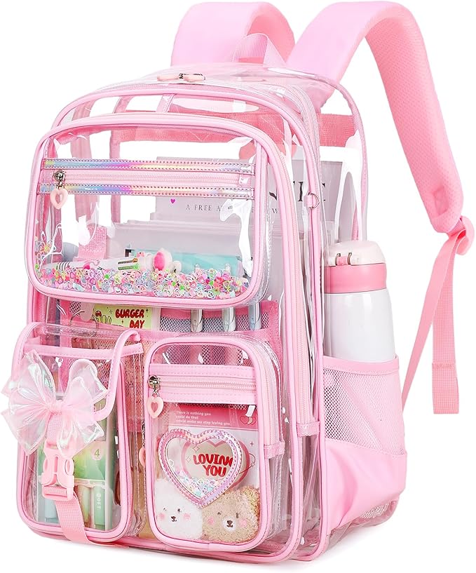 MOONBABY Clear Backpack for Girls, Clear Bookbag Heavy Duty Transparent Backpack for Stadium Events, See Through Back Pack for Kindergarten Elementary Middle High School, Pink