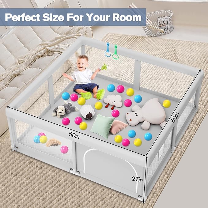Baby Playpen with Balls and Pull Rings for Babies and Toddlers 50 x 50 inch, Play Yards Indoor, Sturdy Safety Play Pen with Soft Breathable Mesh, Baby Fence