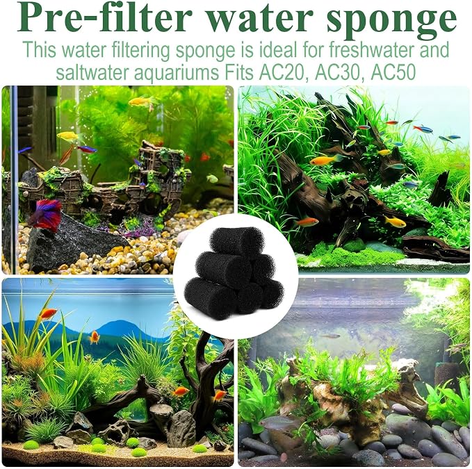6 Pack Aquarium Pre Filter Intake Sponge Replacement for Fluval AC20/AC30/ AC50 Power Filter, for Use in Freshwater & Saltwater Aquariums