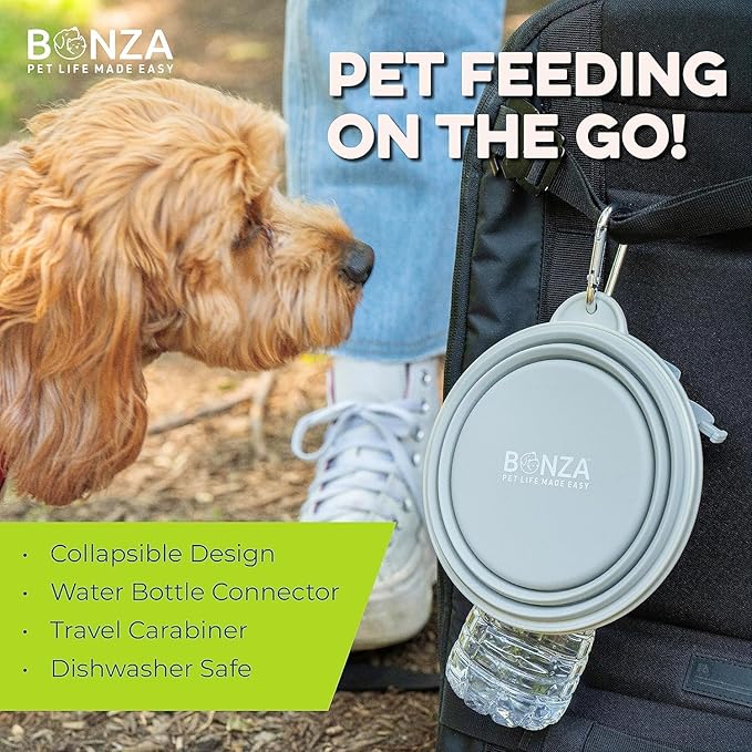 Bonza Collapsible Dog Bowls - Small 12 oz, Dog Travel Accessories, Silicone Portable Dogs Bowl & Water Dish with Reinforced Rim & Carabiner for Hiking, Camping, and Car Trips, Navy Blue
