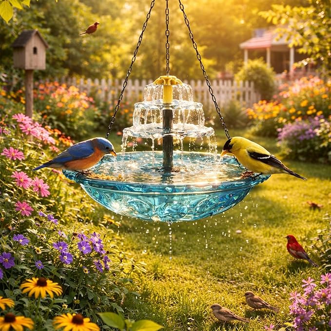Solar Cascade Hanging Bird Bath Fountain, 2026 New Outdoor Hanging Bird Bath with Solar Fountain, Large Humming Birds Baths Fountains, with Solars Pump & Glass Bowl, for Outdoor, Gardens (#1)