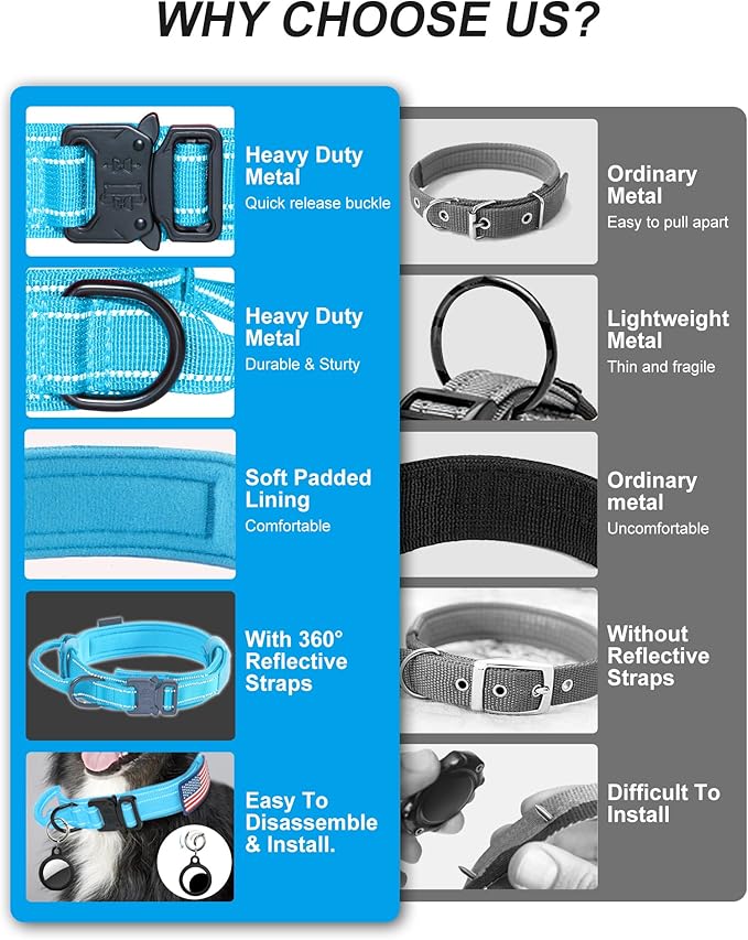 AUBELL Reflective Tactical Dog Collar,Adjustable Military Heavy Duty K9 Collars with Handle and Quick Release Metal Buckle Great for Large Dogs, with Airtag Case and 2 Patches (Blue,L)