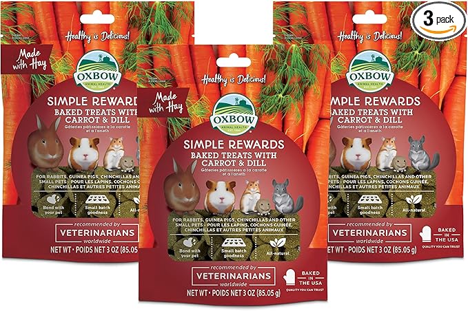 Oxbow Simple Rewards High-Fiber Timothy Hay Small Animal Treats for Rabbits, Guinea Pigs & Chinchillas - Carrot & Dill Crunchy Baked Snacks, 3 oz (3 Pack)