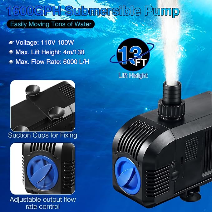 1600GPH Submersible Water Pump, 100W Electric Waterfall Water Fountain Pump, Pond Pump Kit for Garden Pool Fish Aquarium Tank