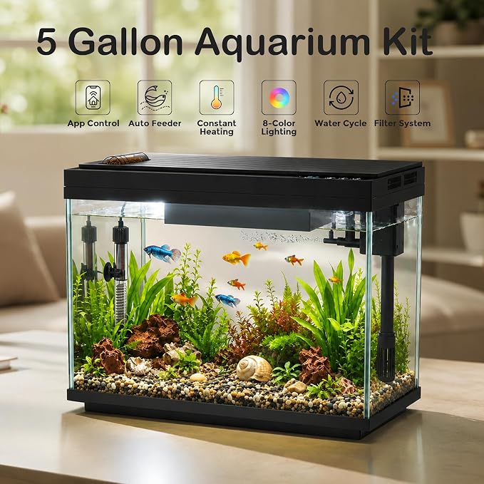Vehipa Smart Fish Tank, 5 Gallon Aquarium Kit Ultra-White Glass | with App Control, Heating, Multi-Filtration System, Auto Feeder, 8-Color LED Light