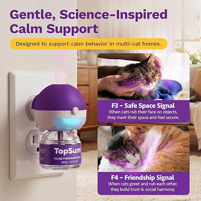 TopSum Cat Calming Pheromone Diffuser: Feline Pheromones Plug in for Stress, Along At Home, Spraying, Fighting, Scratching, Aggression & Excessive Meowing (Purple– 2 Diffusers+2 Refills)
