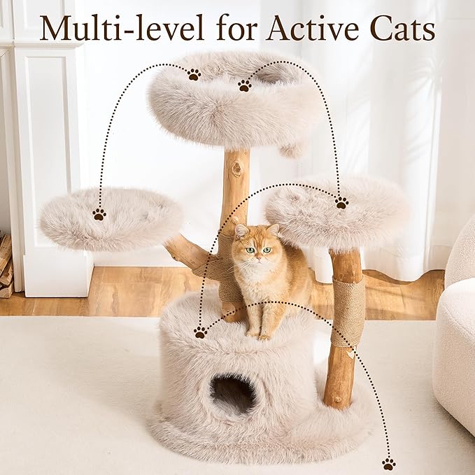 HITTITE Natural Wood Cat Tree Tower with Scratching Post, 40 Inches Tall Modern Cat Tower with Cozy Bed and Condo, Luxury Real Branch Cat Tree for Indoor Cats Large Adult, Khaki.