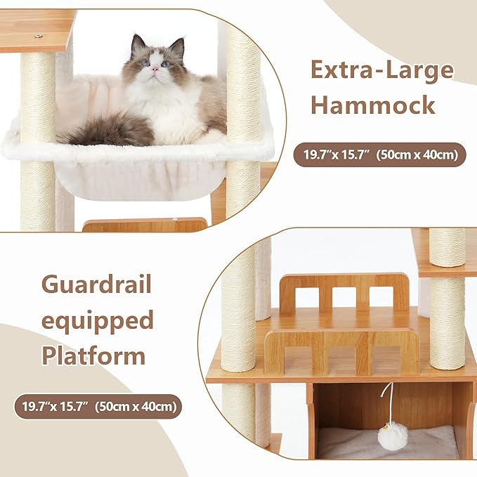 Gitelsnour Cat Tree, 70.9 Inch Wood Cat Tower for Large Cats Adult, Modern Cat Furniture with Double-Layer Wooden Cat Condo, 2 Platforms, Large Hammock and Scratching Posts, Walnut GCT102WB