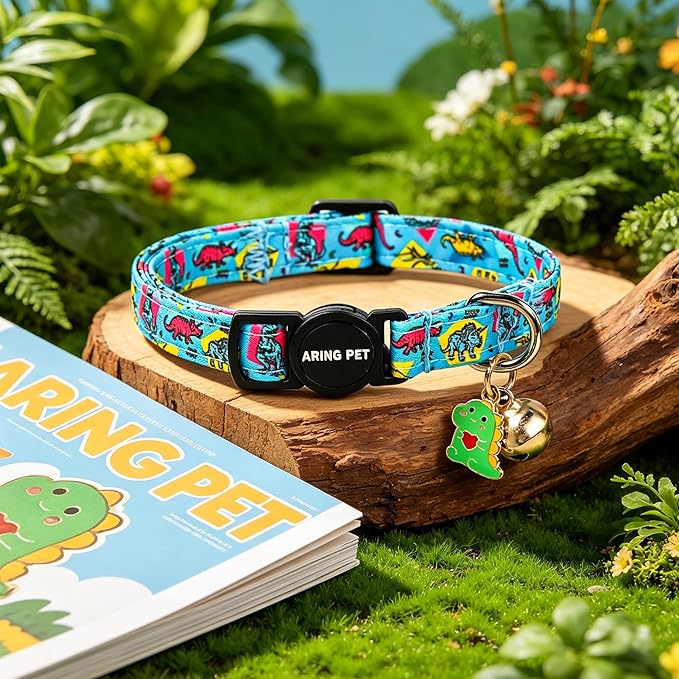 ARING PET 2 Pack Cat Collars with Bell, Cute Summer Soft Cotton Kitten Kitty Breakaway Cat Collars for Boy Girl Cats-Dinosaur & Flamingo