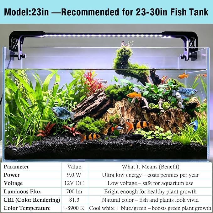 HITOP 23in Slim Aluminum Alloy Aquarium LED Light, Full Spectrum with Day/Night Mode & Timer, 10-Level Brightness, Adjustable Lighting for Planted Tank & Fish Tank Freshwater Fish