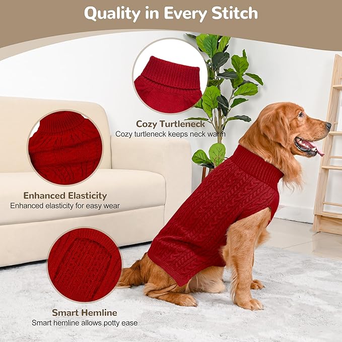 2 Pack Dog Sweaters for Large Dogs Winter Turtleneck Pullover Cable Knit Fleece Stretch Pitbull Labrador Golden Retriever Doberman Bulldog Boy Girl Pet Clothes (XL, Red & Brown)