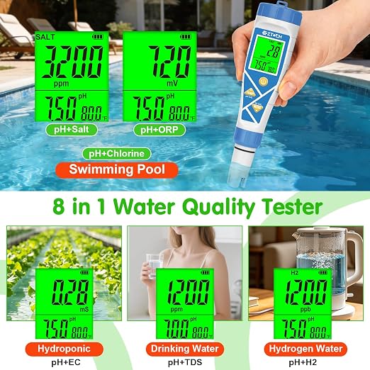 Pool pH Salt Chlorine Tester 8 in 1 Digital Salinity TDS EC ORP H2 | pH Chlorine for Salt Water Pool, Hot Tub, Hydroponic, Aquarium, Hydrogen Water Bottle, Simultaneously Display pH&CI-Temp