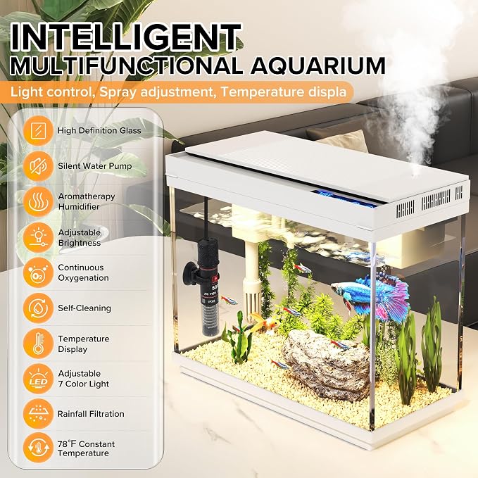 Vehipa 2.4 Gallon Betta Fish Tank, Heater and Humidifier | HD Glass, 3-in-1 Pump, Temperature Display, Timed 7-Color Lights