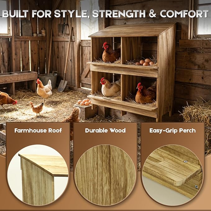 Wooden 4 Holes Chicken Nesting Boxes for Laying Eggs, Gold Standard Two-Tier Nest Box for Chickens, Farmhouse Series Laying Boxes for Hens, Ducks and Birds